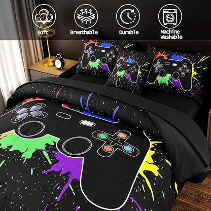 DORCAS Full Size Gamer Comforter Set with Sheets for Boys,Game Console Black Bedding Set for Kids,6 Pieces Bed in a Bag Colorful Graffiti Gaming Controller Comforter,Sheets,Pillowcases (Black, Full)