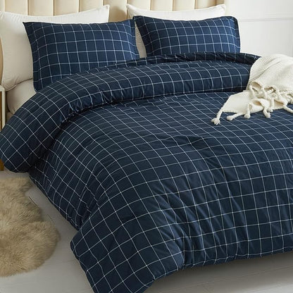 Andency Navy Grid Comforter Set Queen Size (90x90 Inch), 3 Pieces(1 Grid Comforter and 2 Pillowcases), Summer Lightweight Microfiber Down Alternative Navy Comforter with White Lines