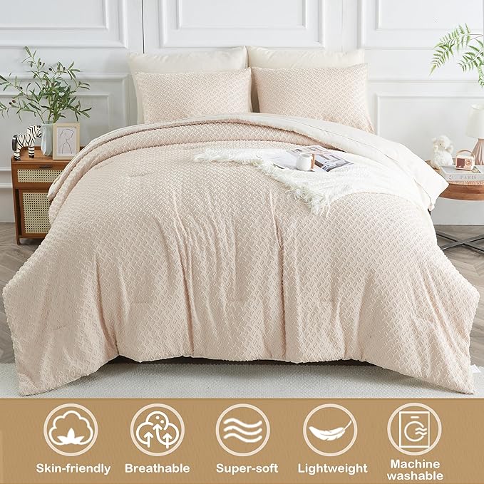 Twin Size Tufted Kids Comforter Set 6 Piece Beige Jacquard Tufts Embroidery Bedding Set for Boys Girls Bed in A Bag Quilt with 1 Comforter, 1 Flat Sheet, 1 Fitted Sheet, 1 Pillowcase and 2 Pillow Sham