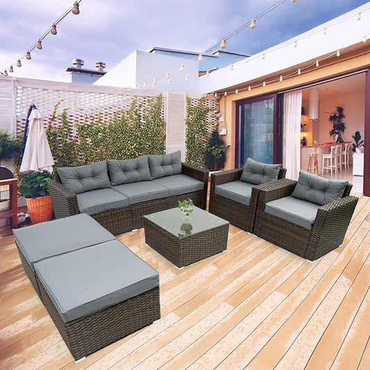 6-Piece Outdoor Rattan Patio Furniture Set, Wicker Sectional Sofa with Removeable Cushions and Tempered Glass Table Top, Conversation Couch for Garden Yark Lawn Backyard, Onesize, Brown