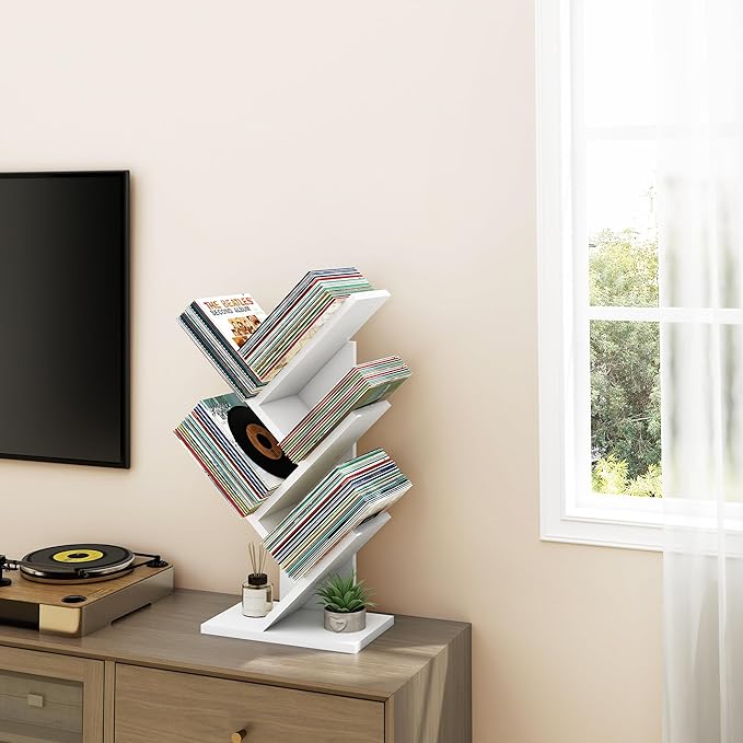 Hoctieon 4 Tier Tree Bookshelf, Small Bookcase, Free Standing Tree Bookcase, Bookshelf for Bedroom, Book Shelf Organizer, Small Bookshelf, White