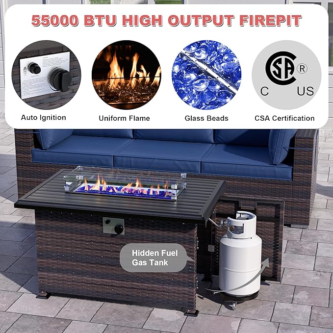 Patio Furniture Sectional Sofa 10PCS PE Rattan Patio Conversation Set w/43in Gas Fire Pit Table, Patio Outdoor Furniture with 55000 BTU Propane Fire Pit, Navy Blue