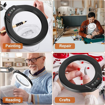 VEEMAGNI 5 Inch Large Magnifying Glass with Light and Stand, 5 Color Modes Stepless Dimmable, 2*16 Inch Swivel Arm LED Clamp Desk Lamp, Hands Free 10X Lighted Magnifier for Close Work Crafts Soldering