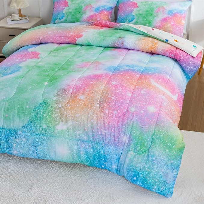 A Nice Night Galaxy Bedding Sets Outer Space Comforter 3D Printed Space Quilt Set Queen Size Glitter Pink Green Color,for Children Boy Girl Teen Kids