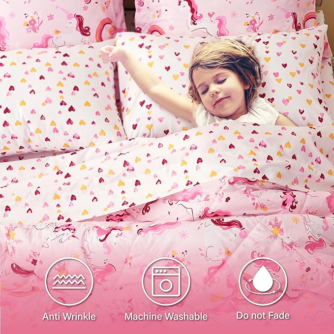 Twin Unicorn Kids Bedding Set for Girls, 5 Pieces Super Soft Lightweight Microfiber Comforter Set with Sheets, Bed in a Bag, Durable Children Bed Set
