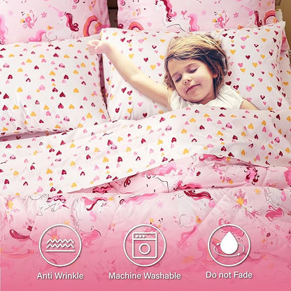 Twin Unicorn Kids Bedding Set for Girls, 5 Pieces Super Soft Lightweight Microfiber Comforter Set with Sheets, Bed in a Bag, Durable Children Bed Set