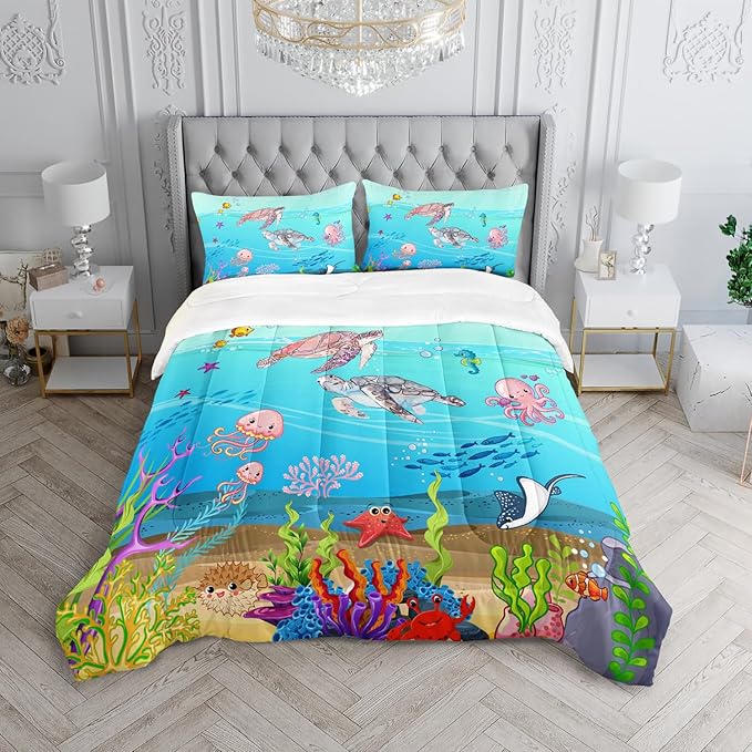 Turtle Comforter Set Full Ocean Watercolor Sea Turtle Bedding Set Tropical Fish Marine Life Bed Set with 2 Pillowcases for Kids Room Decor