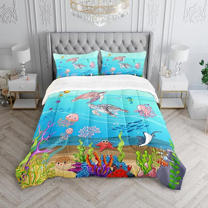 Turtle Comforter Set Queen Ocean Watercolor Sea Turtle Bedding Set Tropical Fish Marine Life Bed Set with 2 Pillowcases for Kids Room Decor