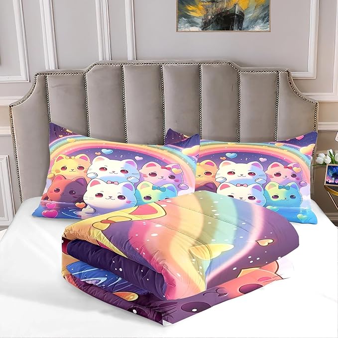 Rainbow Cat Comforter Queen Size - Rainbow Cat Bedding for Girls Room Cute Cartoon Rainbow Bedding Queen Comforter Sets for Kids, 1 Comforter+2 Pillowcases