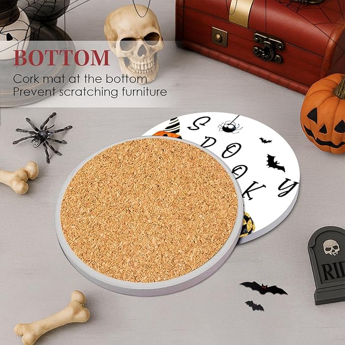 Coaster for Drinks Set of 6, Halloween Boo Black Cat Trick or Treat Spooky Pumpkin Bat Absorbent Round Ceramic Stone Mat, with Cork Base and Metal Holder, Gift for Housewarming Room Bar Decor
