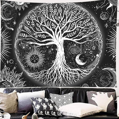 FORATER Tree of Life Tapestry Wall Hanging, Sun and Moon Aesthetic Wall Tapestry Black and White Tapestries Home Decor for Living Room Bedroom(53 x 61 Inch, Black and White)