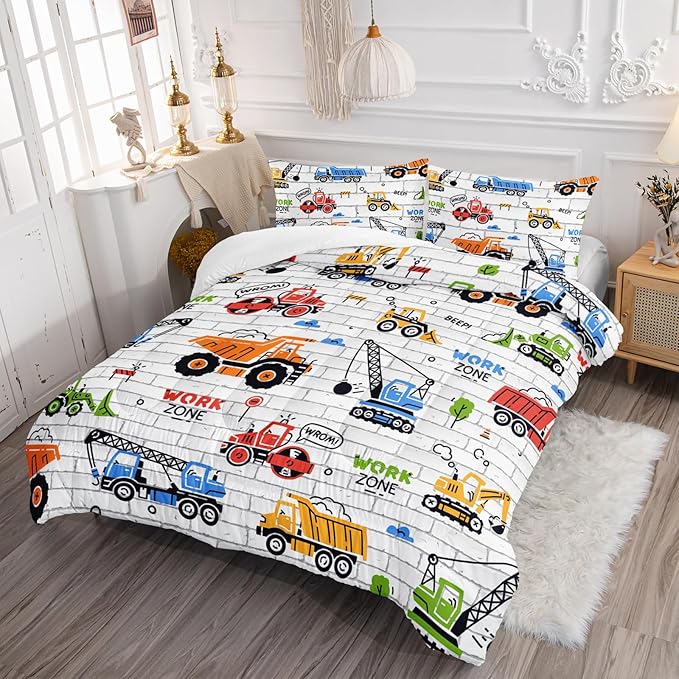 Axolotl Construction Comforter Set Queen,Excavator Bedding Set,Construction Vehicles Comforter Set,Excavator Comforter,Excavator Tractor Trucks Bedding Set for Kids Boys Teens,1 Quilt 2 Pillowcases