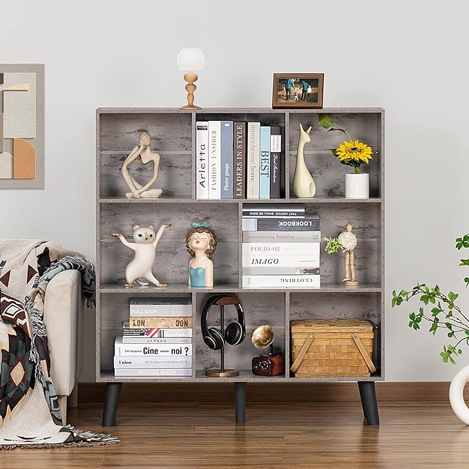 LEYAOYAO 8 Cube Bookshelf,3 Tier Bookcase with Legs,Modern Grey Mid-Century Bookshelves,Large Farmhouse Open Storage Organizer Shelf, Retro Wooden Display Book Case for Bedroom,Living Room,Office