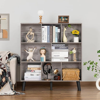 LEYAOYAO 8 Cube Bookshelf,3 Tier Bookcase with Legs,Modern Grey Mid-Century Bookshelves,Large Farmhouse Open Storage Organizer Shelf, Retro Wooden Display Book Case for Bedroom,Living Room,Office