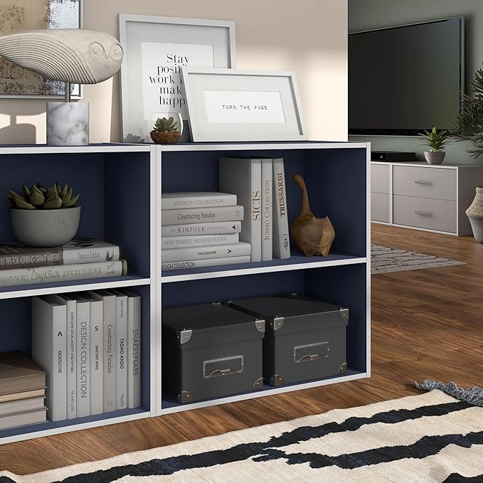 Apexa 2-Tier Cube Storage Organizer Shelves, Stackable Wood Bookcase Fits Cubby Bins for Organization, Dorm Teen Room Decor & Home Office, Steel Blue