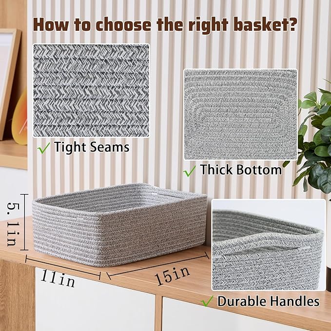 Large Shallow Organizing Baskets 15x11x5.1 Inches - Rope Woven Storage Bins for Bathroom, Shelves, Cube Closet, Mixed Grey 2 Packs