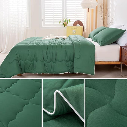 COTTEBED Softness Comforter Set KING Size Bed, Jersey Knit Cotton T-Shirt Feel Ultra-Soft Comy Lightweight Bedding Quilt Blanket Pillowsham All Season, California/Cal King Emerald/Hunter/Forest Green