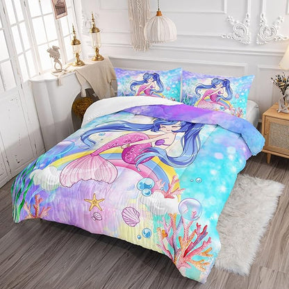 Datura home Kids Mermaid Comforter Set for Girls Women,Cute Mermaid Girl and Rainbow Shell Starfish Printed Pattern Blue Kawaii Bedding Set with 2 Pillowcases(Mermaid Girl Twin)