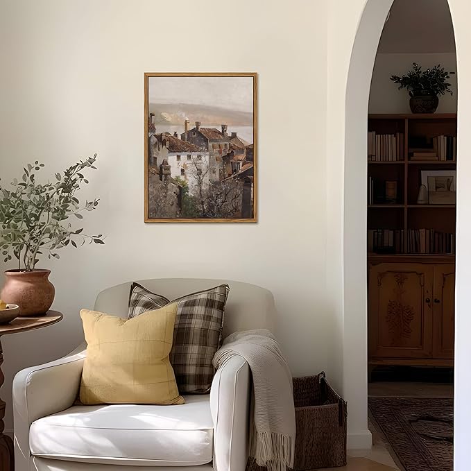 Floating Framed Vintage Canvas Wall Art, European Country Towns Wall Decor Oil Paintings Artwork, Rustic Farmhouse Posters Prints Pictures for Living Room Hallway Bedroom 12x16 inch
