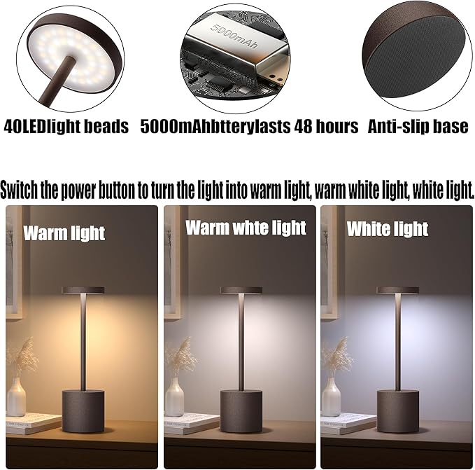 2Pack Cordless Table Lamp, Rechargeable LED Battery 5000mAh Metal USB Portable Powered Desk Lamp, 3 Levels Brightness Light for Restaurants Outdoor (2pack 10.25in ferrugino)