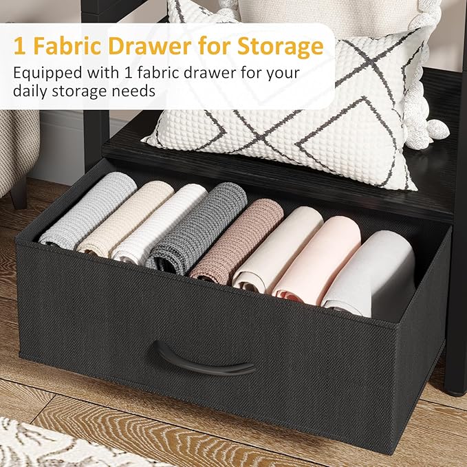 Small Bookshelf with Drawer: 4-Tier Wood Book Shelf Industrial Narrow Bookcase Storage Organizer Metal Stackable Shelves for Desktop Bedroom Living Room Home Office (Black)