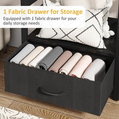 Small Bookshelf with Drawer: 4-Tier Wood Book Shelf Industrial Narrow Bookcase Storage Organizer Metal Stackable Shelves for Desktop Bedroom Living Room Home Office (Black)