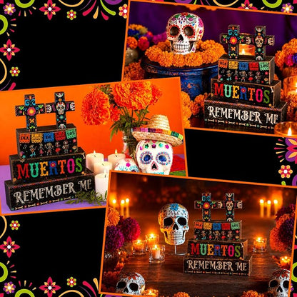 Moucuny 4 Pcs Day of the Dead Table Decorations Day of the Dead Cross Centerpiece for Table Dia De Los Muertos Tiered Tray Decor Wood Sugar Skull Block Signs for Halloween Party Home Shelf Decoration