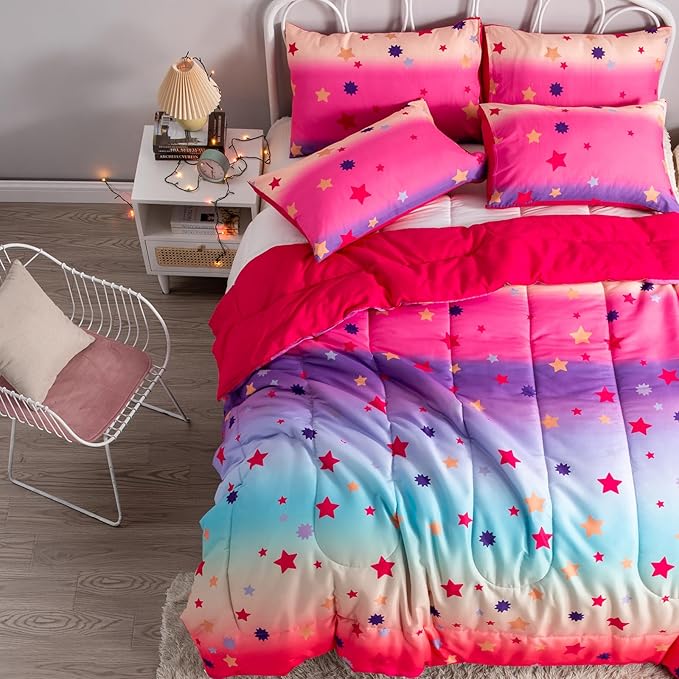 Twin/Twin XL Comforter Set for Girls Rainbow Bedding Set 2 Pieces with Multicolor Stars Pink Comforter Set Twin Size with Pillowcase for Kids, Teenagers