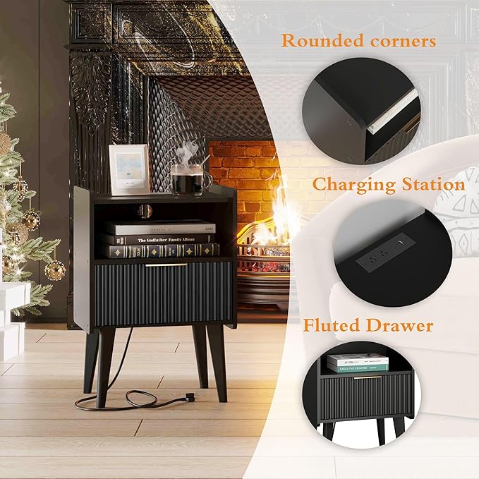 Fluted Nightstand with Charging Station, Modern Bedside Table with Drawer,Black Nightstand with Solid Wood Legs, End Table,Side Table for Living Room,Bedroom Black CTG57BKE