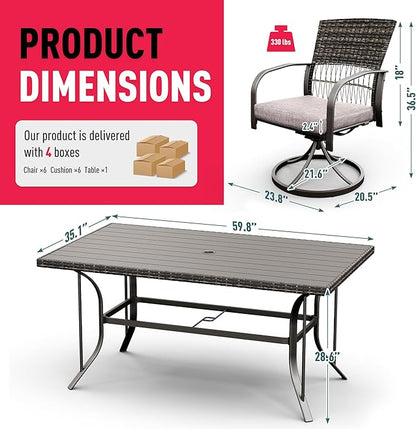 Pamapic 7 Piece Outdoor Dining Set, Rattan Outdoor Patio Furniture Set for Deck Backyard Garden with Iron Outdoor Dining Table, 6 Swivel Outdoor Dining Chairs and Removable Cushions (Gray)