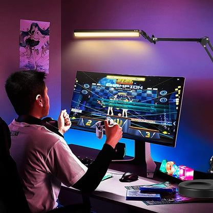 Desk Lamps for Home Office, 2-in-1 LED Desk Lamp, 3-Section Long Arm Desk Light with Clamp and Base, Adjustable Table Lamp with 3 Colors Modes, 10 Dimmer Levels and Memory Function