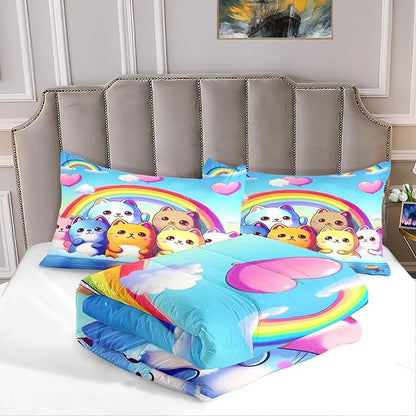 Rainbow Cat Comforter Queen Size - Rainbow Cat Bedding for Girls Room Cute Cartoon Rainbow Bedding Queen Comforter Sets for Kids, 1 Comforter+2 Pillowcases