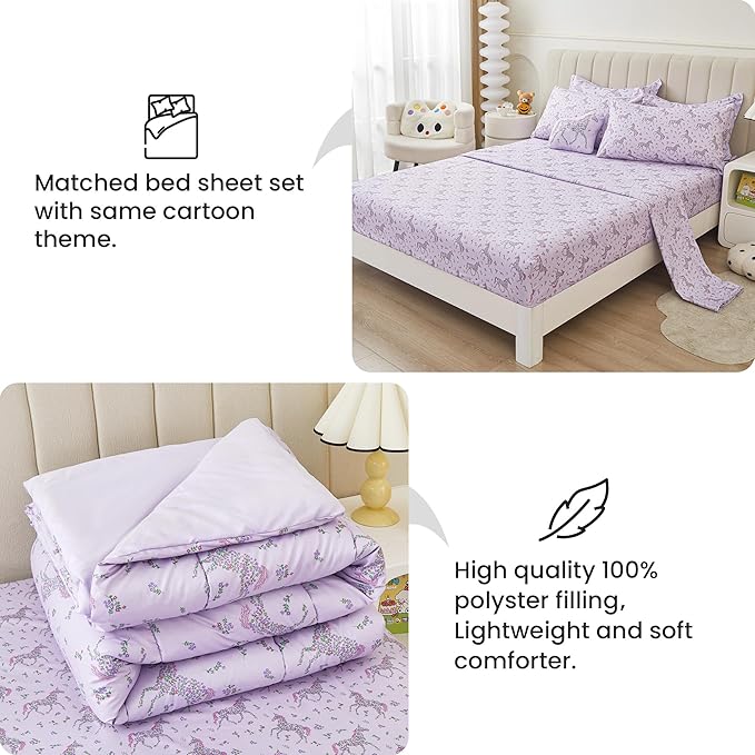 Mooreeke Twin Size Comforter Sets for Girls Kids, 6 Pieces Bed in a Bag Purple Floral Unicorn Bedding Comforter Sheet Set with Shams and Decorative Toy Pillow, Ultral Soft Microfiber Kids Bed Set