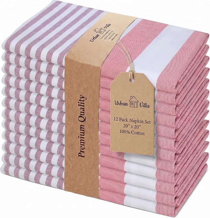 Urban Villa Cloth Napkins Cotton 20x20 (Set of 12) Garnet Red Stripes