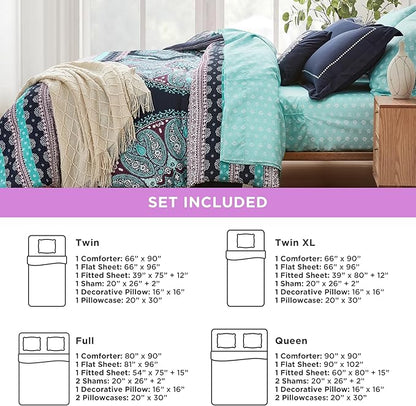 Degrees of Comfort Teen Twin Complete Comforter Sets for Girls, Boho Medallion Tween Bed in A Bag 6 Piece, Blue Microfiber Bedding Set with Sheets, Matching Decorative Pillow