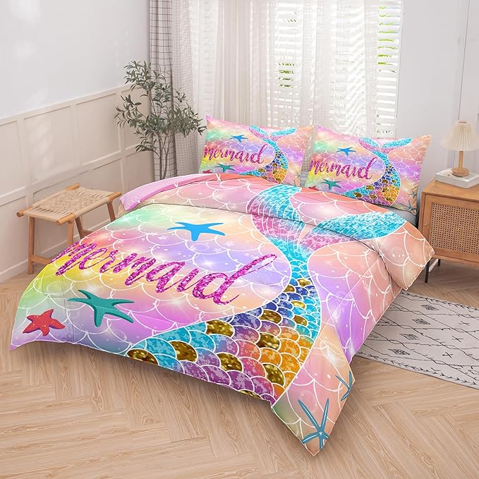 NINENINE Mermaid Bedding Sets 5PCS Twin Size Comforter Sets for Girls, Glitter Bedding Set Toddler Comforter Sets for Girls (1Comforter, 1Flat Sheet, 1Fitted Sheet, 2Pillowcases)