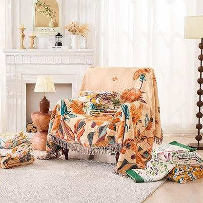 Boho Throw Blanket for Bed, 100% Cotton Soft Rustic Quilt Fall Blanket, 60"x80" Floral Printed Farmhouse Decor Bed Blankets, All Season Rustic Reversible Bohemian Throw Quilt