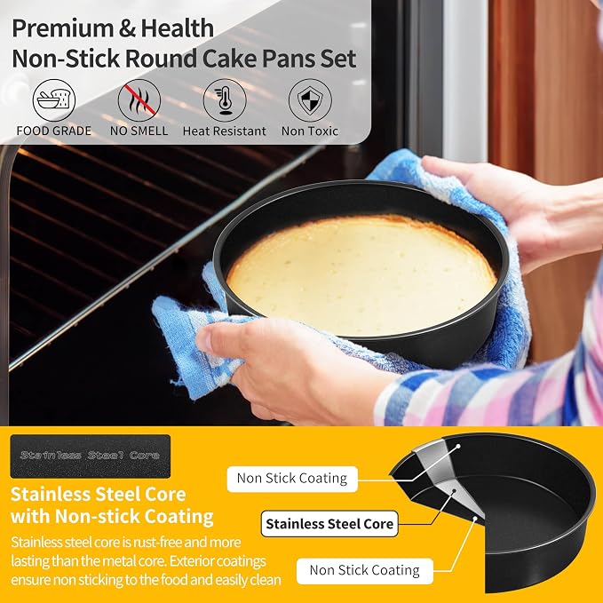 P&P CHEF 6 Inch Cake Pan Set of 3, Non-Stick Round Cake Pans | Round Cake Tins for Tier Smash Cakes, Baking Pans Set & Essential Bakeware, Stainless Steel Core & Leak-Proof