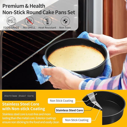 P&P CHEF 6 Inch Cake Pan Set of 3, Non-Stick Round Cake Pans | Round Cake Tins for Tier Smash Cakes, Baking Pans Set & Essential Bakeware, Stainless Steel Core & Leak-Proof