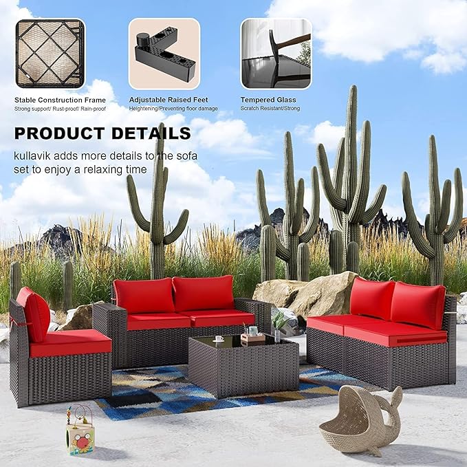 Kullavik 13PCS Outdoor Patio Furniture Set with 43" 55000BTU Gas Propane Fire Pit Table PE Wicker Rattan Sectional Sofa Patio Conversation Sets,Red