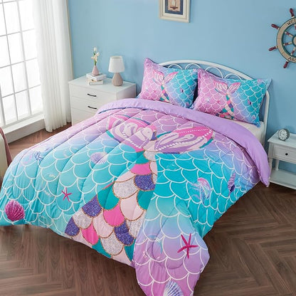 Queen Size Comforter Sets for Girls Mermaid Tail Rainbow Scales Bedding Set 3 Pieces Queen Comforter with 2 Pillowcases for Kids, Teenagers
