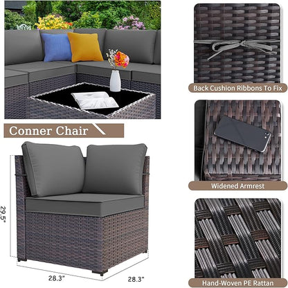 Patio Furniture Set Sofa 12-Pieces Wicker Sectional Sofa Set, Outdoor Furniture Rattan Patio Conversation Set with Thickened Cushions and Glass Coffee Table, Grey