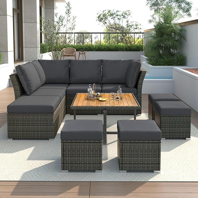 9 Piece Patio Furniture Set with Solid Wood Coffee Table and Ottomans, Rattan Modular Outdoor Sectional Conversation Sofa, for Garden Backyard, Onesize, Gray