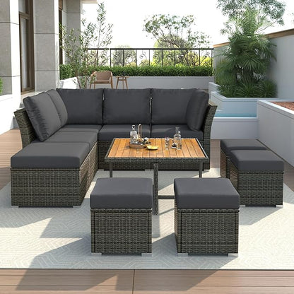 9 Piece Patio Furniture Set with Solid Wood Coffee Table and Ottomans, Rattan Modular Outdoor Sectional Conversation Sofa, for Garden Backyard, Onesize, Gray