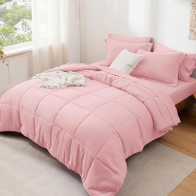Bedsure Pink King Size Comforter Set - 7 Pieces Solid King Bed in a Bag, King Bed Set Pink with Comforters, Sheets, Pillowcases & Shams