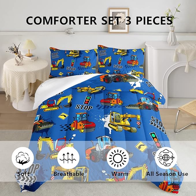 Axolotl Bedding Set, Twin, Blue Excavator, 3Pcs Boys Comforter, Polyester, All Seasons, Machine Wash, Bedding Set for Kids Children Teens Bedroom Decor