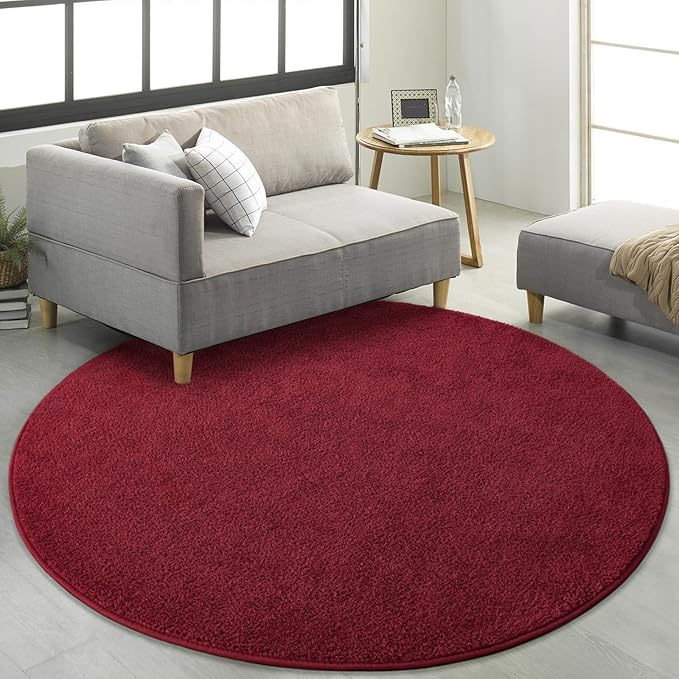 Round Area Rugs for Bedroom Living Room, 5x5 Rose Red Super Soft Comfy Thickened Memory-Foam Indoor Circle Carpets, Modern Aesthetic Minimalist Carpet for Boys Girls Adults Nursery Home Décor