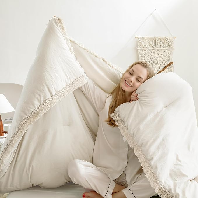 Andency Comforter Full Size Set Beige, 3 Pieces Boho Tassel Lightweight Bed Comforter Full, Soft All Season Fluffy Bed Set Gift Choice (79x90In Comforter & 2 Pillowcases)