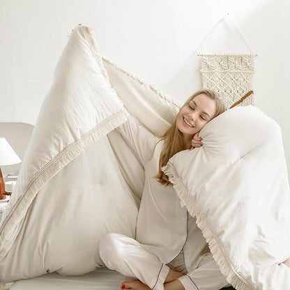 Andency Comforter Full Size Set Beige, 3 Pieces Boho Tassel Lightweight Bed Comforter Full, Soft All Season Fluffy Bed Set Gift Choice (79x90In Comforter & 2 Pillowcases)