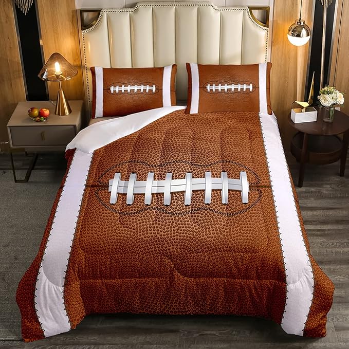 Erosebridal Football Bedding Sets Full Size Outdoor Games Sports Down Comforter for Boys Kids Red Brown Ball Comforter Set Football Athletic Quilted Duvet with 1 Comforter and 2 Pillow Cases